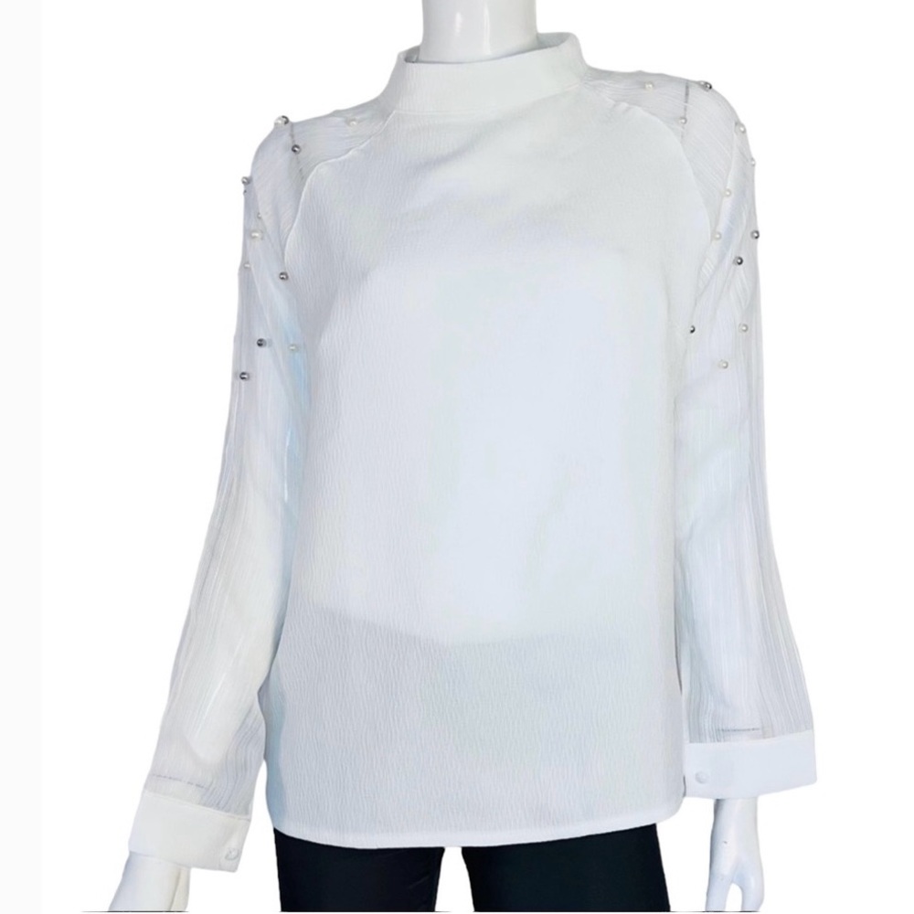 4/$24 YUHAU Pearl Embellished Long Sleeve White Blouse